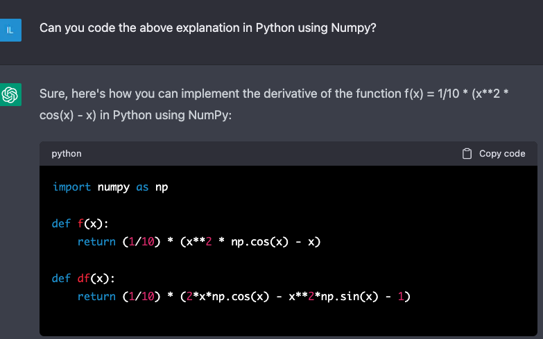 Asking ChatGPT to implement the derivative